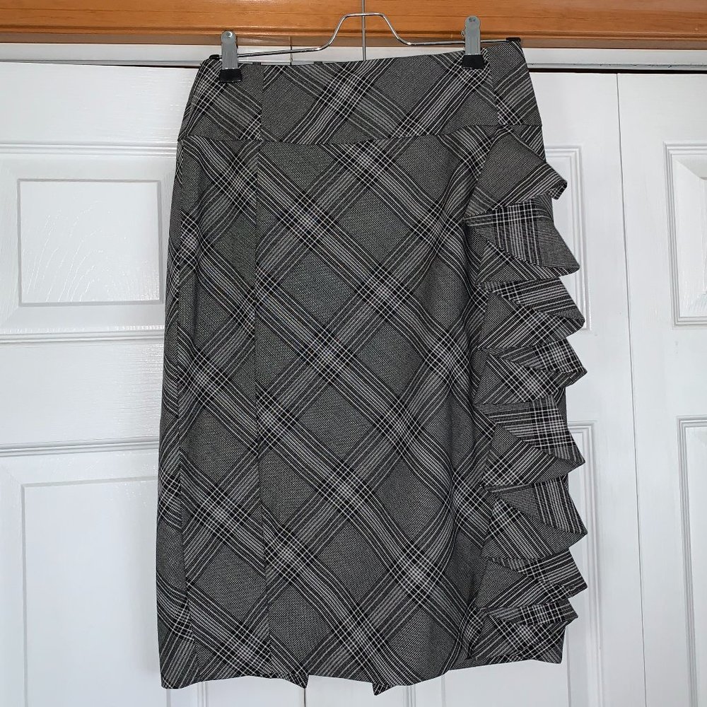Express Plaid Pencil Skirt with Ruffle Trim
